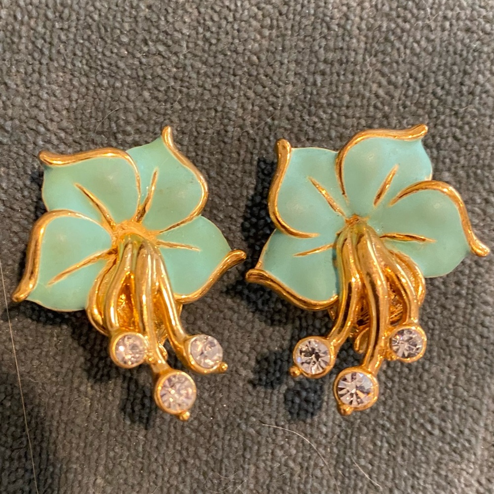 Gold tone and robins egg blue enamel earrings